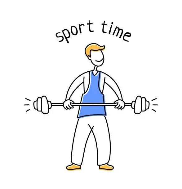 Vector illustration of Sport time. The barbell athlete begins the exercise. Stylized cheerful drawing. Vector illustration on a sports theme.