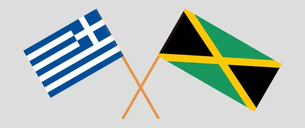 Vector illustration of Crossed flags of Greece and Jamaica. Official colors. Correct proportion