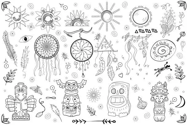 Vector illustration of Tribal Art Doodles, Idols and Sun and Dream Catcher Symbols of Mysticism and Deities Big Set Coloring Page or Book Vector
