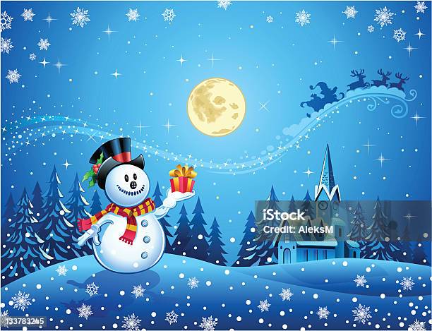 Snowman With The Gift Stock Illustration - Download Image Now - Animal Sleigh, Blue, Box - Container