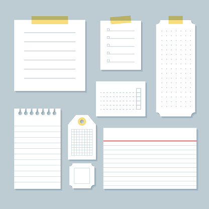Paper notes, tag and cards set. Different lined, dotted and squared white paper notes. Grey background. Back to school. Vector illustration, flat design