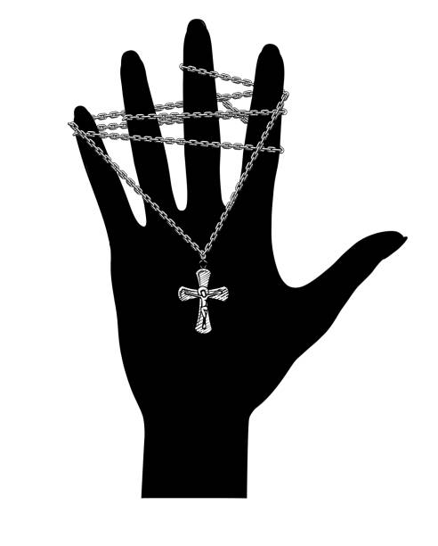 Black silhouette of a hand with a chain on the fingers and with a catholic cross on a chain on the palm isolated on white. Vector illustration