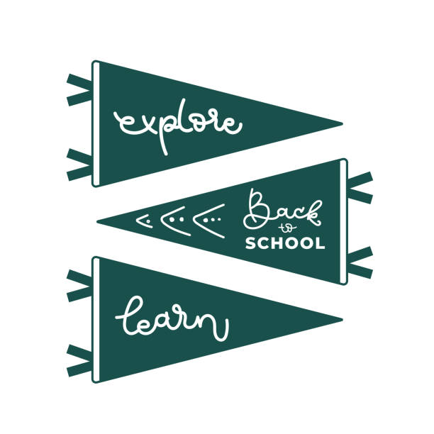 powrót do szkoły zielone proporczyki. odkrywaj i ucz się. ilustracja wektorowa, płaska konstrukcja - triangle square shape label symbol stock illustrations