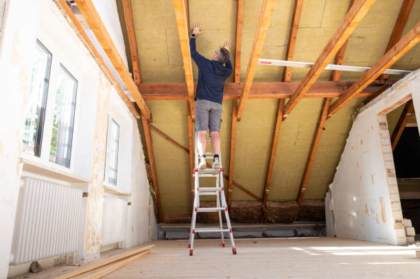 rzemieślnik umieszczający materiał izolacyjny na strychu." - insulation roof attic home improvement zdjęcia i obrazy z banku zdjęć