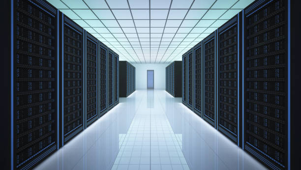 istock Interior of server computer data empty room. Power energy motor machinery cabinets in control room, main operator station network and circuit center system. Generator support storage. 3d illustration 1337835674