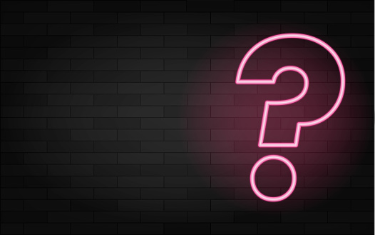 Realistic isolated neon question mark for decoration on the dark brick wall background. Vector illustration. Pink glowing outline neon question mark.