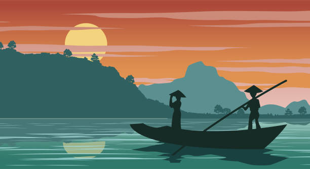 Vietnamese woman on the boat to  come back home on sunset time Vietnamese woman on the boat to  come back home on sunset time,vector illustration ao dai stock illustrations