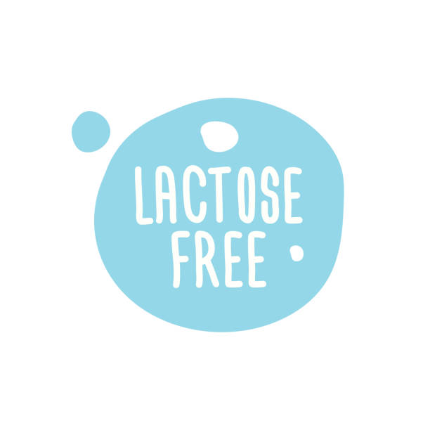 mleko bez laktozy, okrągła metka z napisem na niebiesko. znak wektorowy - bezlaktozowy stock illustrations