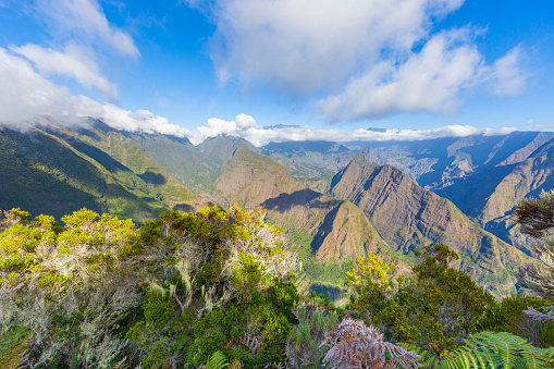 Reunion Island a clear day, views from Roche Écrite. Amazing mountains in Reunion Island, high altitud in volcanic cirques.