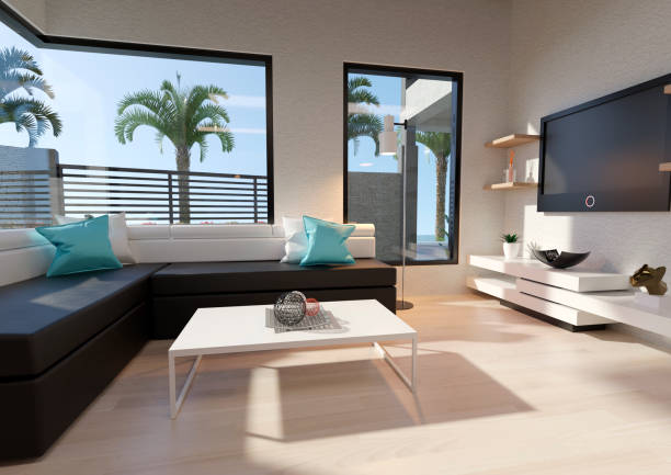 3d иллюстрация современного интерьера гостиной - apartment design domestic room television стоковые фото и изображения