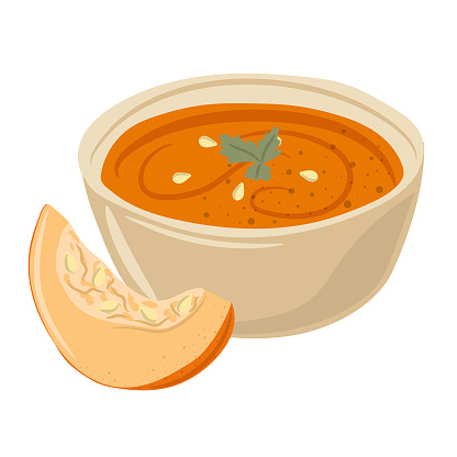 Pumpkin cream soup in a bowl and part of pumpkin, traditional Thanksgiving food vector Illustration on a white background