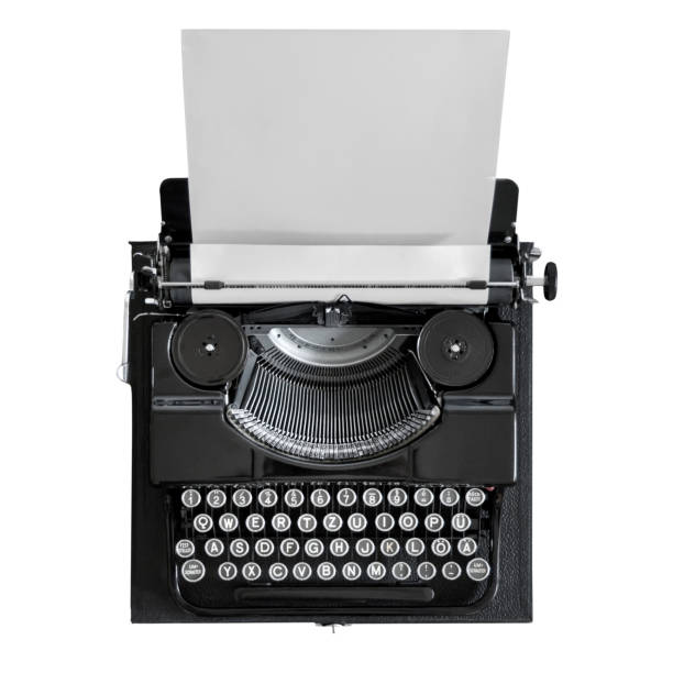 antique black typewriter with empty clamped white paper against a white background - typewriter typebar old macro imagens e fotografias de stock