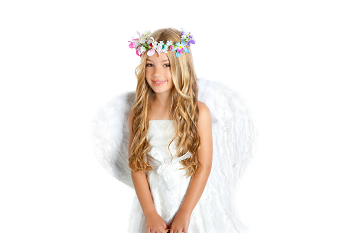 Angel children girl with white wings and flowers crown