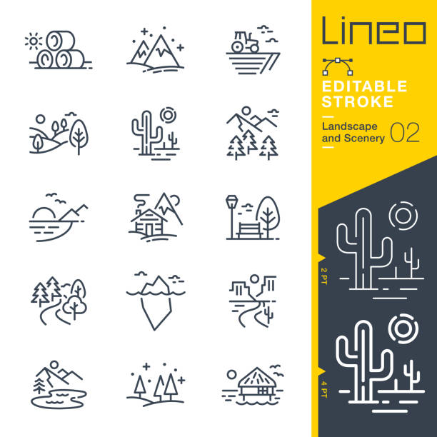 lineo editable stroke - querformat- und landschaftsliniensymbole - berg stock-grafiken, -clipart, -cartoons und -symbole