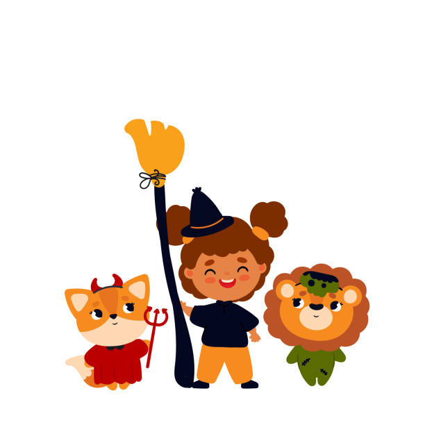 마녀 의상을 입은 소녀와 함께 할로윈 카드 - costume halloween lion baby stock illustrations