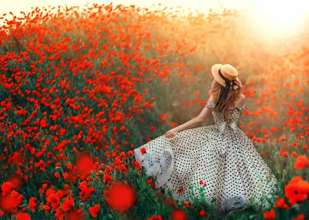 Silhouette romantic happy fantasy woman, back rear view. Girl walks enjoy blooming hill red poppies meadow. Vintage fashion 50s retro white dress, black polka dots, straw hat. Bright Sunset sun light
