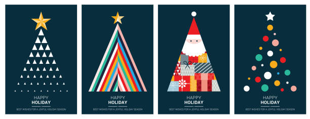 happy holidays grußkarte flache design-vorlagen mit geometrischen formen und einfachen symbolen - weihnachtsbaum stock-grafiken, -clipart, -cartoons und -symbole