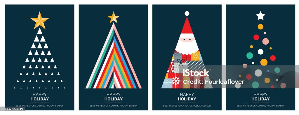 Happy Holidays Kartka z życzeniami płaskie szablony z geometrycznymi kształtami i prostymi ikonami - Grafika wektorowa royalty-free (Boże Narodzenie)