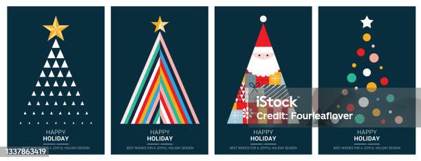 Happy Holidays Kartka Z Życzeniami Płaskie Szablony Z Geometrycznymi Kształtami I Prostymi Ikonami - Stockowe grafiki wektorowe i więcej obrazów Boże Narodzenie