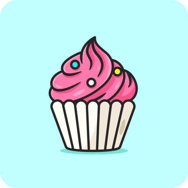 ilustraciones, imágenes clip art, dibujos animados e iconos de stock de cupcake strawberry con topping, diseño plano de icono sobre fondo azul. - cupcake