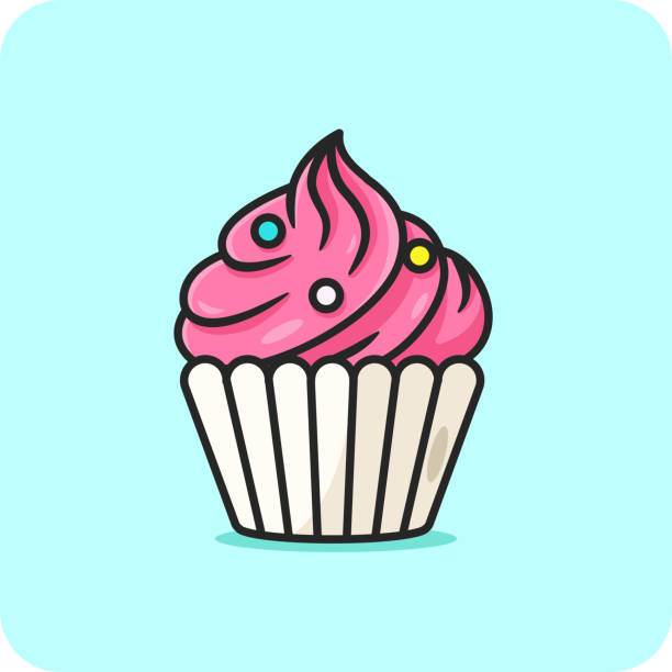 illustrazioni stock, clip art, cartoni animati e icone di tendenza di cupcake strawberry con topping, icona design piatto su sfondo blu. - cupcake