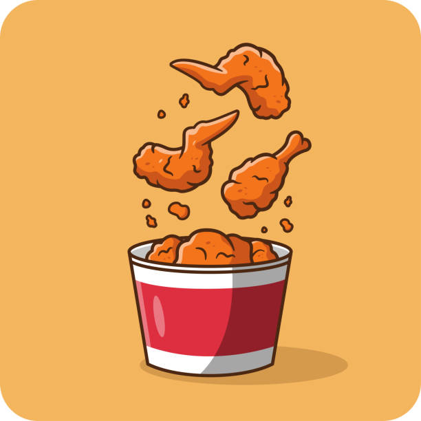 양동이 붉은 색에 매운 튀긴 닭고기, 노란색 배경에 고립되고 평평한 디자인. - chicken meat food chicken wing stock illustrations