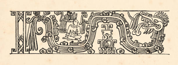 stockillustraties, clipart, cartoons en iconen met drawing aztec civilization relief from temple in mexico - maya