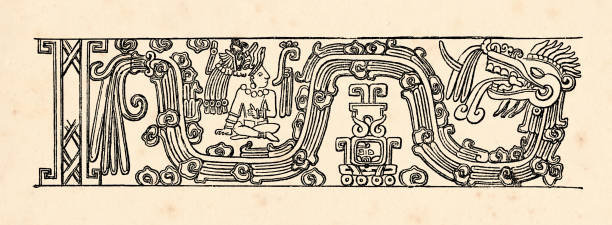 ilustrações de stock, clip art, desenhos animados e ícones de drawing aztec civilization relief from temple in mexico - mayan pyramids