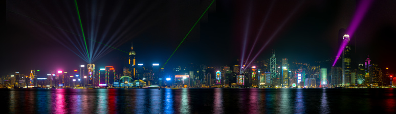 Hong Kong Skyline panorama with Symphony of Lights show, The Symphony of Lights show is a spectacular lights show and one of the most popular tourist attraction of Hong Kong