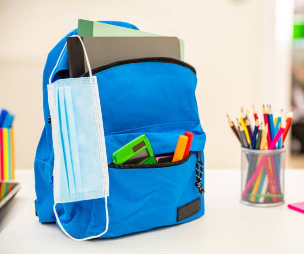 istock School, coronavirus days. COVID 19 protecton, protective mask and backpack on student desk 1337868438