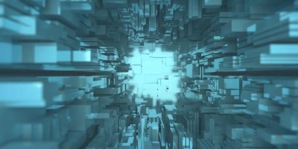 istock Abstract greeble cube background. Futuristic geometric structure blue color aerial top view. 3d illustration 1337868994