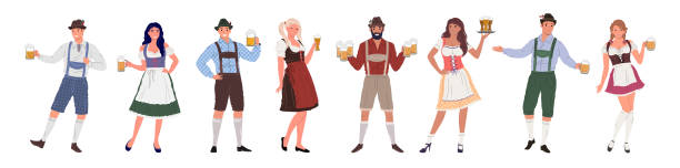 Men and women Beer Fest characters in German costumes Group of people of different genders, in traditional German costumes. Beer Fest characters in retro style with glasses of beer in hands on a white background. Set of flat cartoon characters. Vector illustration. oktoberfest stock illustrations