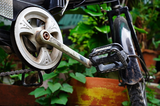 Close-up with low angle view bicycle pedal of bicycle standing