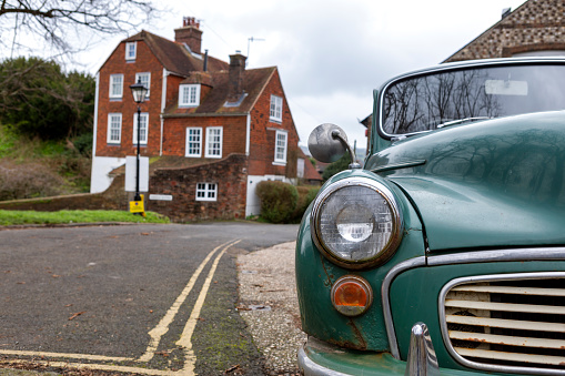 Lewes, UK - Jan 26, 2020: Front view of the Green Morris Minor car, Lewes, East Sussex