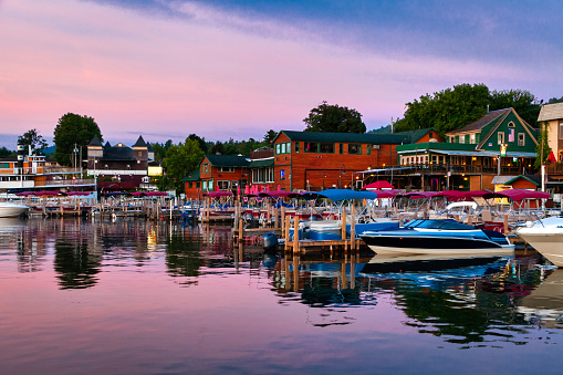 The waterfront at Lake George , New York. Lake George is located at the Adirondack region of new York state in the USA.