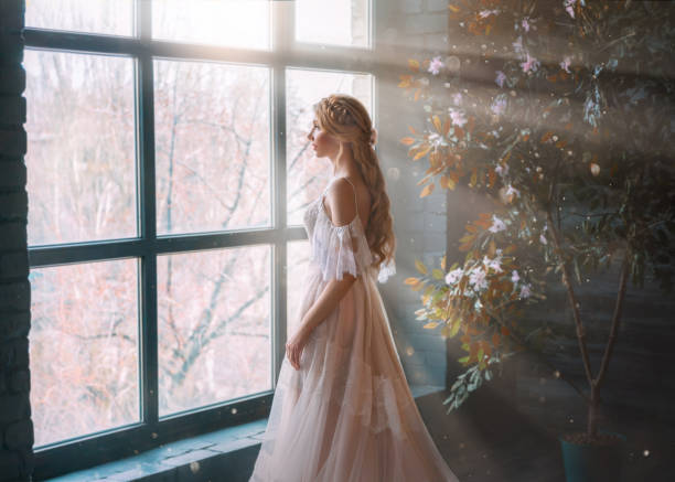Romantic lady, blonde woman with long hair in white vintage dress stands in dark room, looks out window. Girl bride princess in wedding dress. Elegant hairstyle. Bright rays of sun concept of waiting Romantic lady, blonde woman with long hair in white vintage dress stands in dark room, looks out window. Girl bride princess in wedding dress. Elegant hairstyle. Bright rays of sun concept of waiting. queen royal person stock pictures, royalty-free photos & images