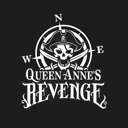 Pirate skull with crossed sabers t-shirt print. Queen anne's revenge. Pirate captain retro print template, vintage emblem