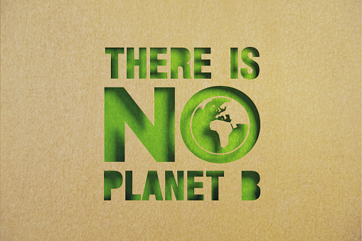 There is no planet B message written by recycled paper on green background. Horizontal composition with copy space. Sustainability concept.