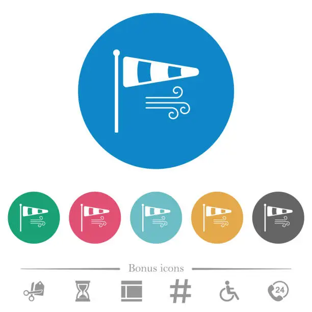 Vector illustration of Windsock indicator with wind solid flat round icons