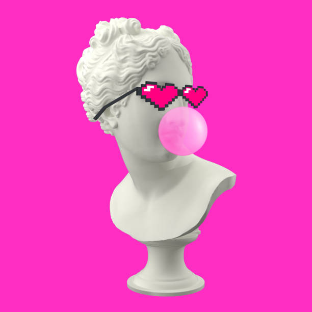 istock Funny illustration from 3d rendering ofhead sculpture Venus in pixel glasses, blowing a pink chewing gum bubble. Isolated on pink background. 1337889012