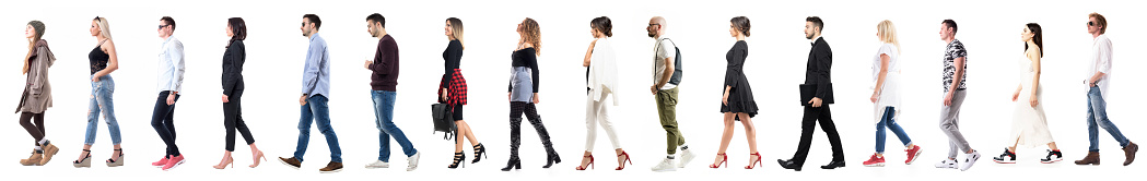 Side view of diverse group of people in casual or business clothing walking in a line. Full body length people isolated on white background