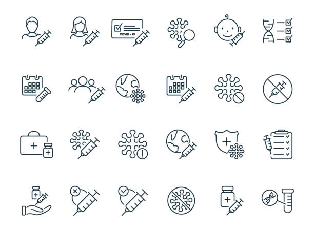 Set of Medical Vaccination Linear icons. Injection, prevention and treatment of covid. Vaccine Line Icons. Medical Syringe and Virus, Certificate for Vaccine. Editable stroke. Vector illustration Set of Medical Vaccination Linear icons. Injection, prevention and treatment of covid. Vaccine Line Icons. Medical Syringe and Virus, Certificate for Vaccine. Editable stroke. Vector illustration. hepatitis stock illustrations