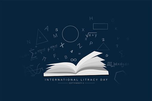 Vector Illustration of International literacy day. 8 September. Open book and scattered letters, graphs, shapes and symbols.