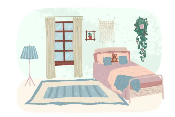 Vector illustration of Comfy children bedroom interior in Scandinavian style. Vector illustration