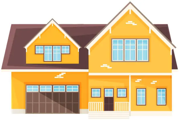Vector illustration of Large yellow residential building, house with garage. Architectural structure made of bricks