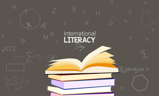 Vector Illustration of International literacy day. 8 September. Open book and scattered letters, graphs, shapes and symbols.
