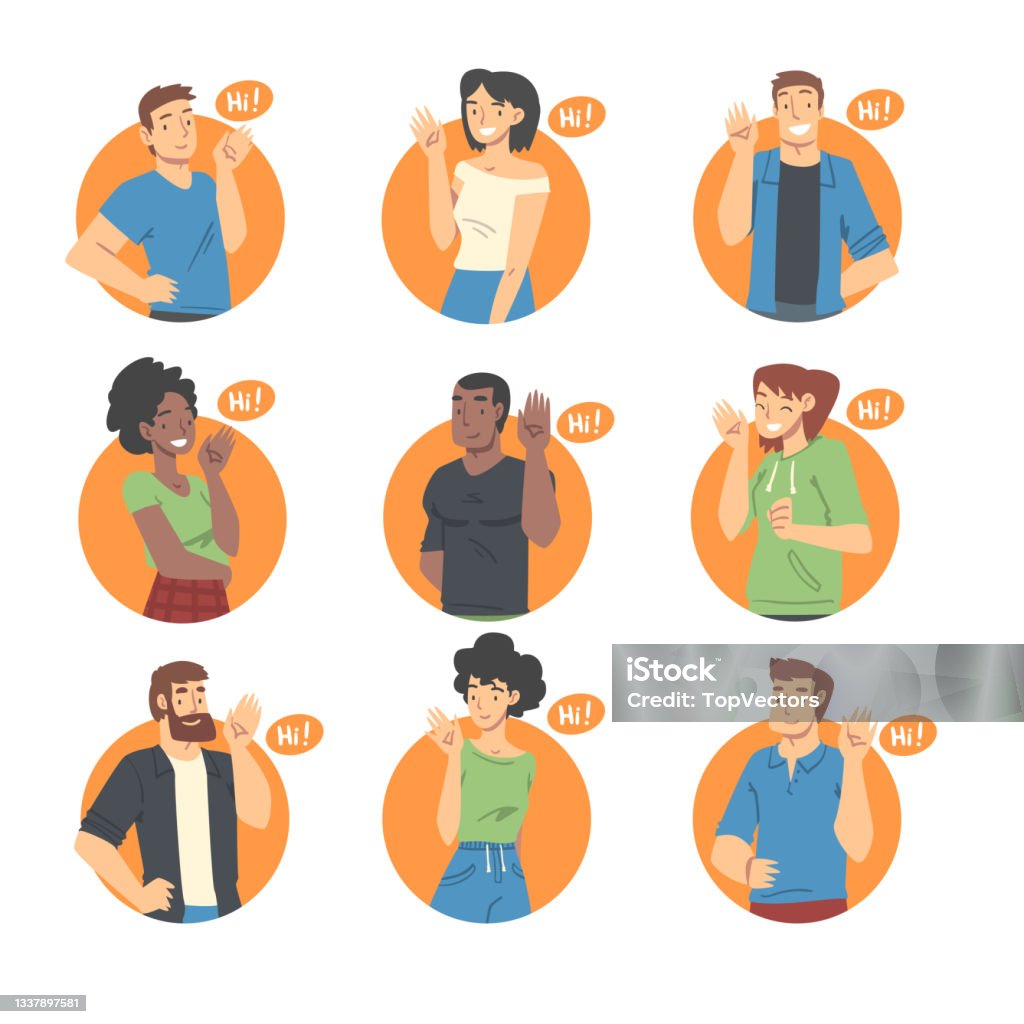 Human Say Hello People Characters Saying Hello And Showing Hand Greeting Gesture Vector ...