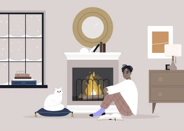 Vector illustration of A young male Black character sitting on the floor in front of the mantelpiece, cozy winter interior, pet friendly environment