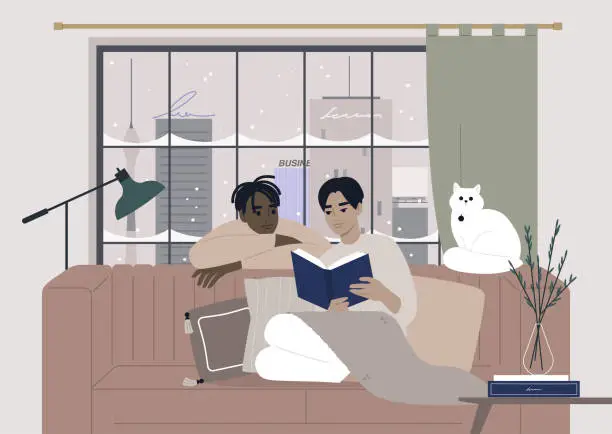 Vector illustration of Cozy winter interior, a gay couple reading a book together, Christmas holidays