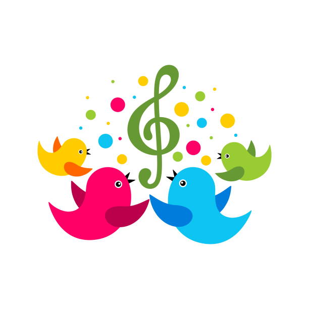 logo muzyczne. rodzina ptaków wokół klucza wiolinowego z kolorowymi elementami. - music piano bird singing stock illustrations